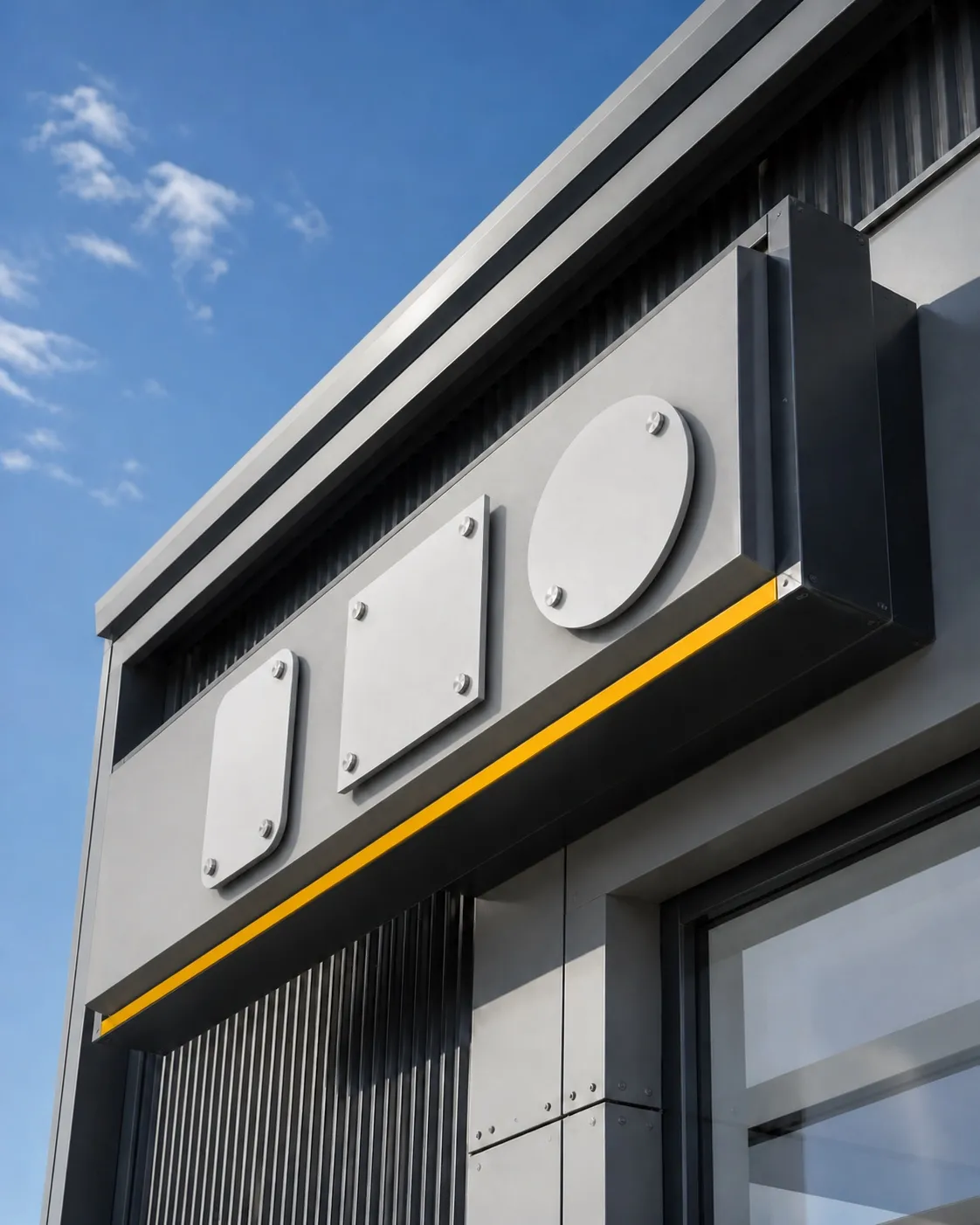 Blank geometric dimensional sign forms fixed to a metal fascia beneath an open sky